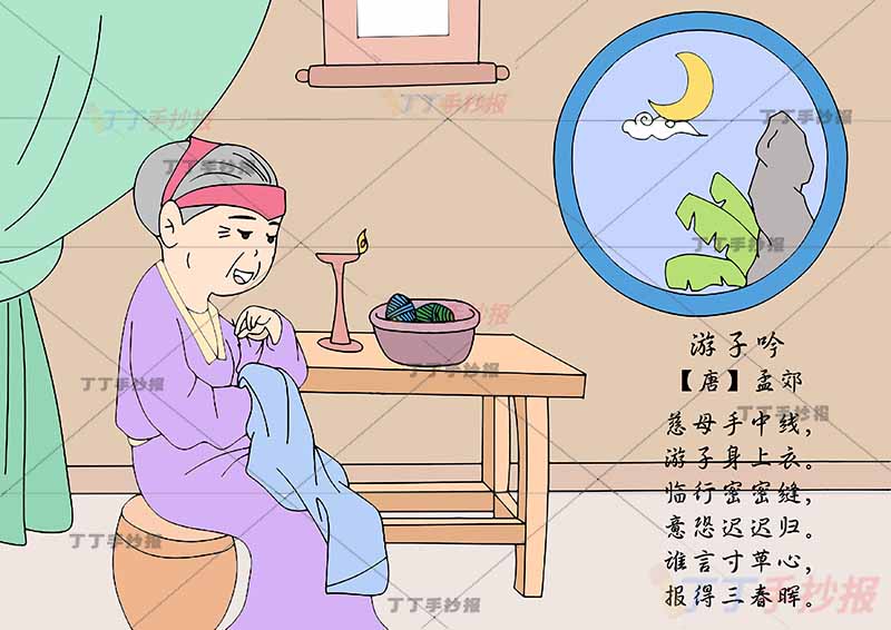 游子吟诗配画左侧缝衣服孟郊五年级古诗配画