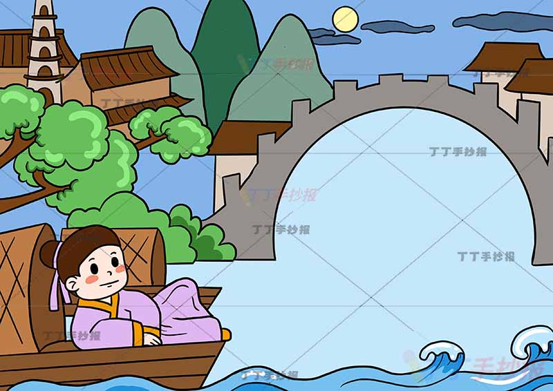 枫桥夜泊诗配画左侧诗人桥张继五年级古诗配画