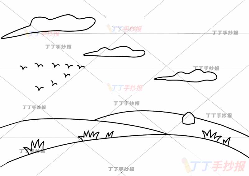 赋得古原草送别诗配画白居易二年级下册古诗配画简单无人物
