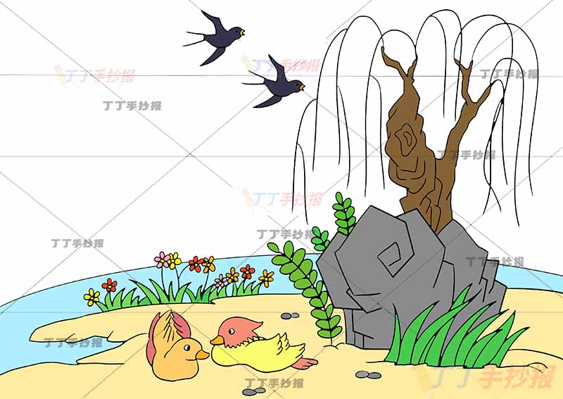 绝句诗配画两鸳鸯杜甫二年级下册古诗配画