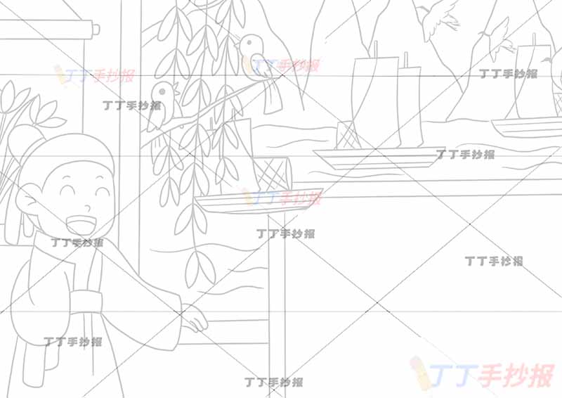 绝句诗配画李白帆船山丘杜甫二年级下册古诗配画