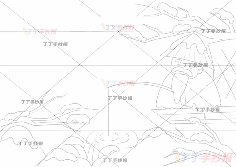 江雪诗配画柳宗元二年级上册古诗配画右侧老人钓鱼