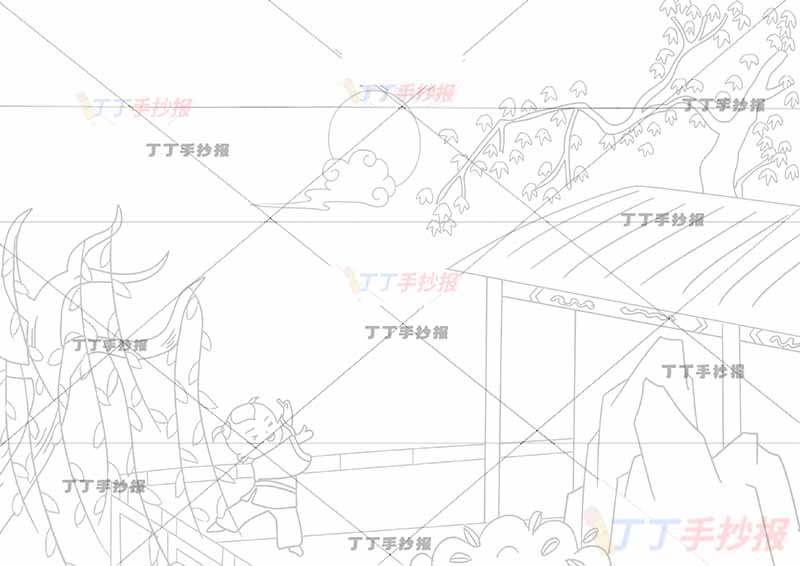 古朗月行诗配画左侧小孩李白一年级古诗配画