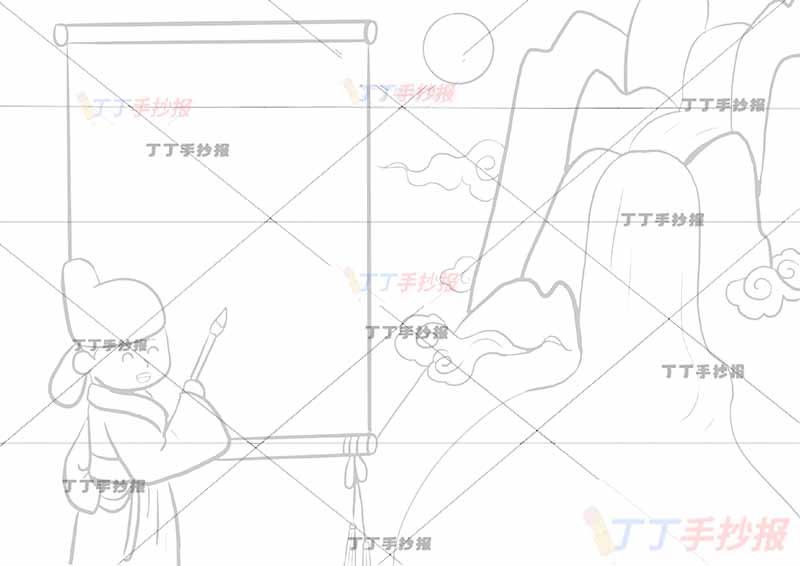 望庐山瀑布诗配画李白左侧卷轴前诗人二年级上册古诗配画