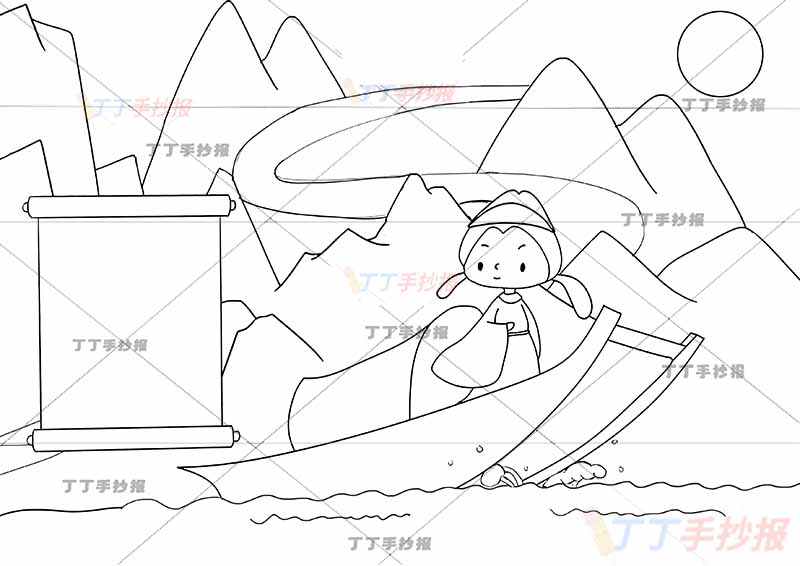 早发白帝城诗配画诗人坐船李白三年级古诗配画