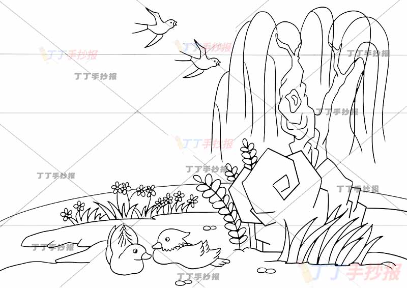 绝句诗配画两鸳鸯杜甫二年级下册古诗配画