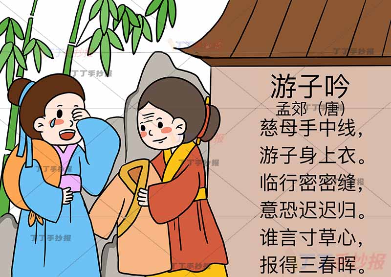 游子吟诗配画左侧两人孟郊五年级古诗配画
