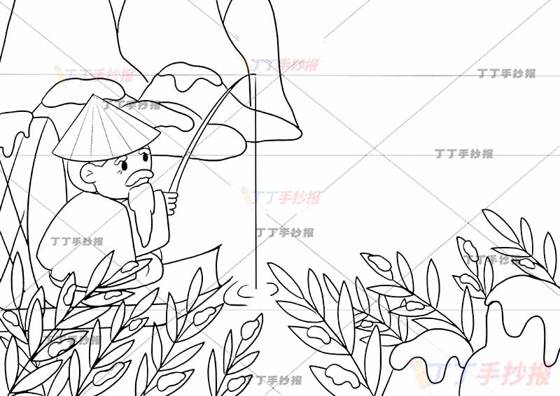 江雪诗配画柳宗元二年级上册古诗配画左侧老人钓鱼