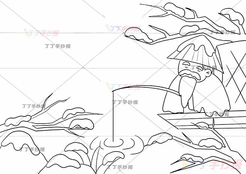 江雪诗配画柳宗元二年级上册古诗配画右侧老人钓鱼