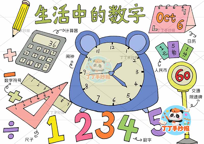 一二年级数学生活中的数字手抄报中间大闹钟