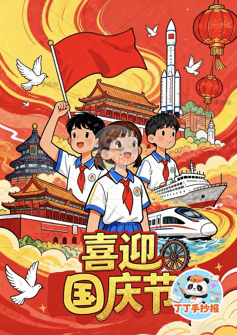 国庆节儿童画竖版喜迎国庆节三人创意