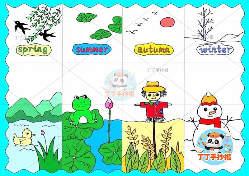 春夏秋冬四季英语手抄报四版块竖