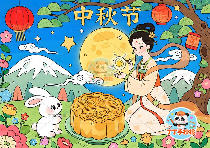 中秋节儿童画中间嫦娥大月饼