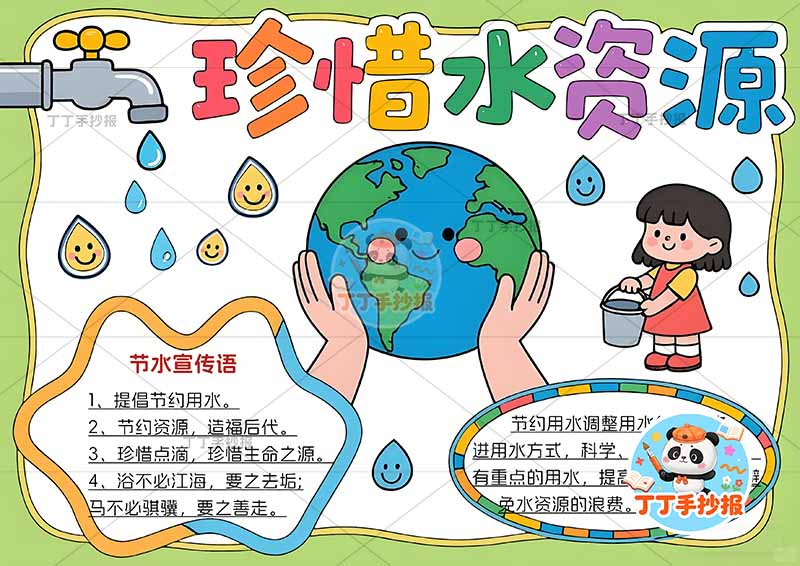 珍惜水资源手抄报节约用水节水中间地球女孩