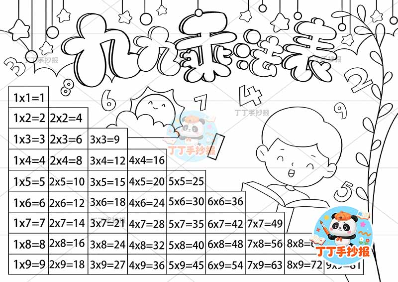 二年级数学九九乘法表乘法口诀表男孩看书