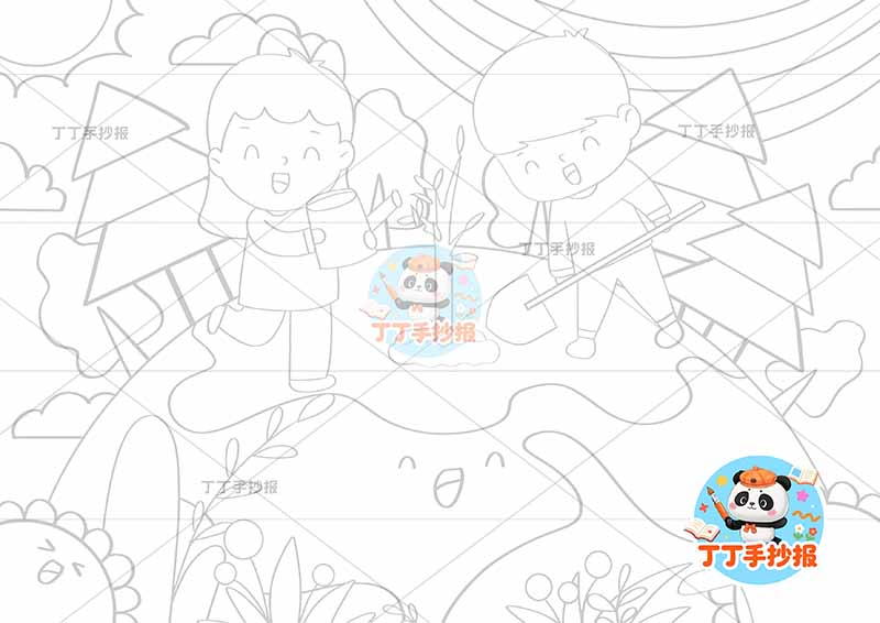 保护环境儿童画环保低碳保护地球植树男女地球种树