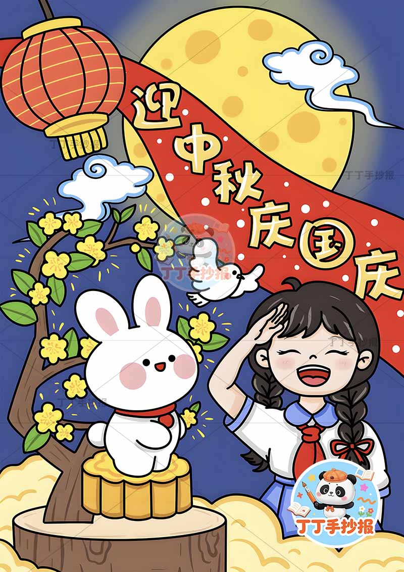 迎中秋庆国庆儿童画竖版中秋国庆女孩兔子