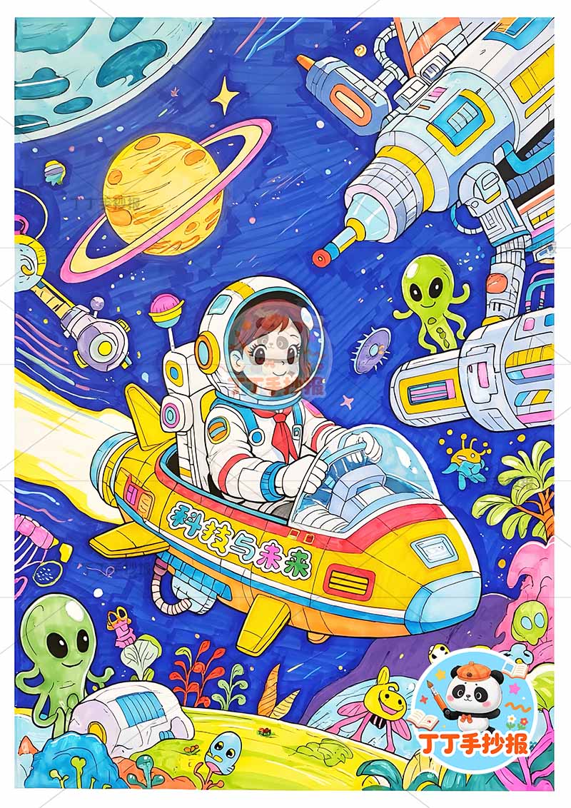 科技科幻画竖版中间女孩开船科技与未来