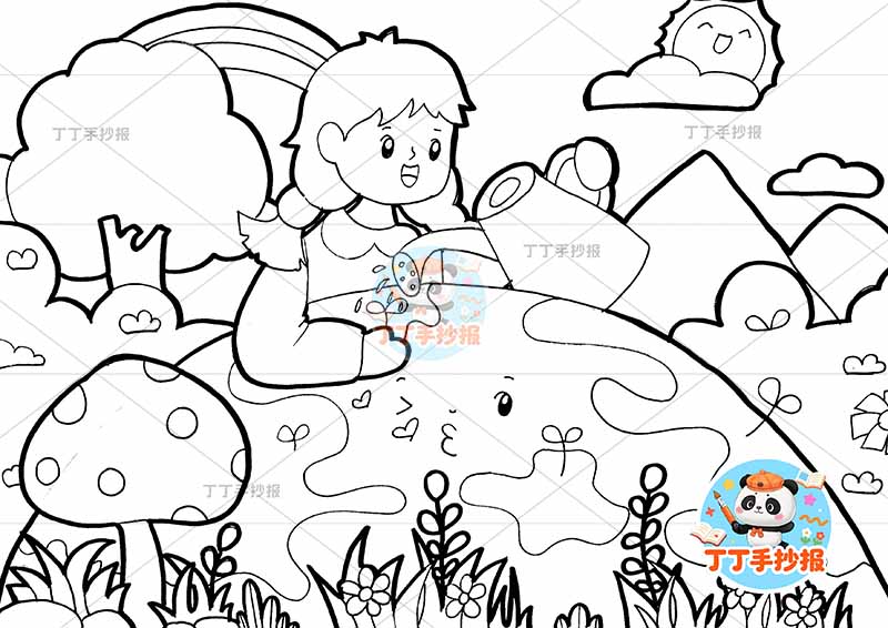 保护环境儿童画保护地球环保低碳女孩浇水地球
