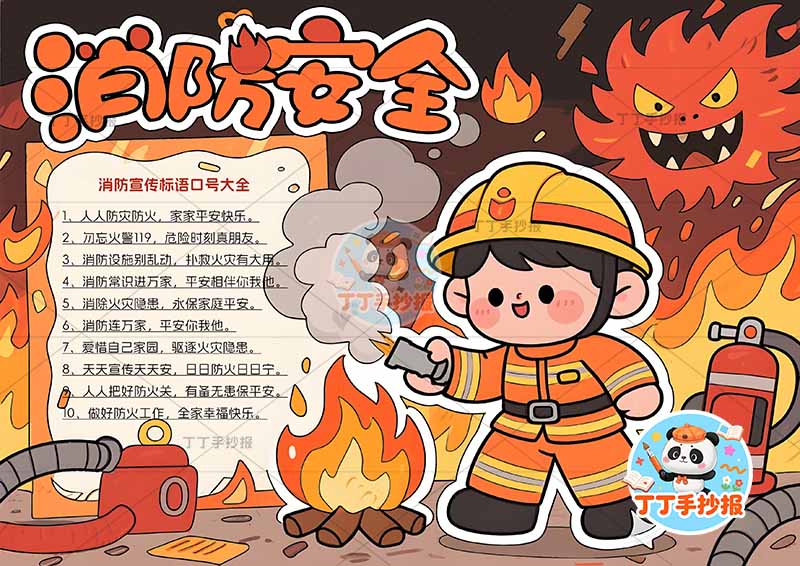 消防安全手抄报防火右侧消防员火苗恶魔