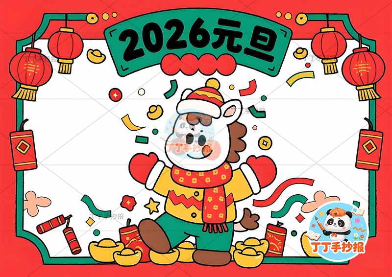 2026元旦马年手抄报新年快乐中间小马