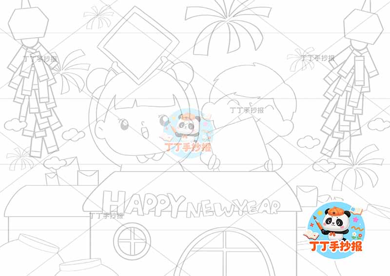 春节儿童画新年男女房屋上