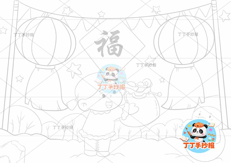 元旦儿童画新年右下雪人背景灯笼