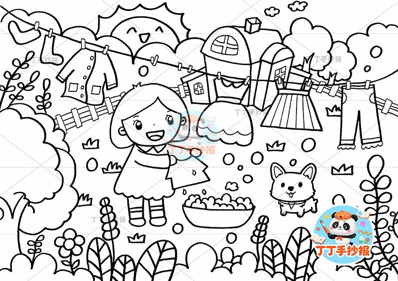 家务劳动儿童画五一劳动节中间女孩晾晒衣服