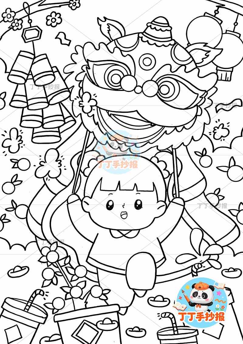 元旦春节儿童画竖版新年女孩戏龙