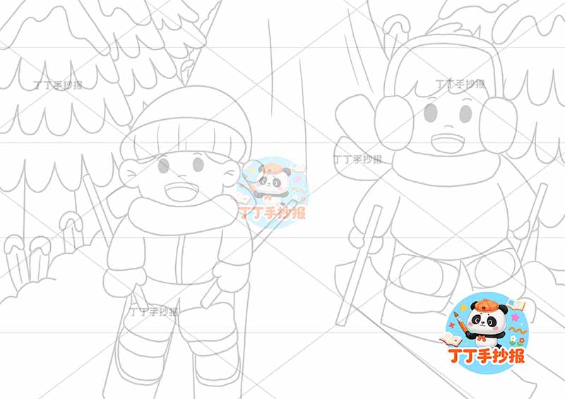 冬天儿童画冬季男女滑雪