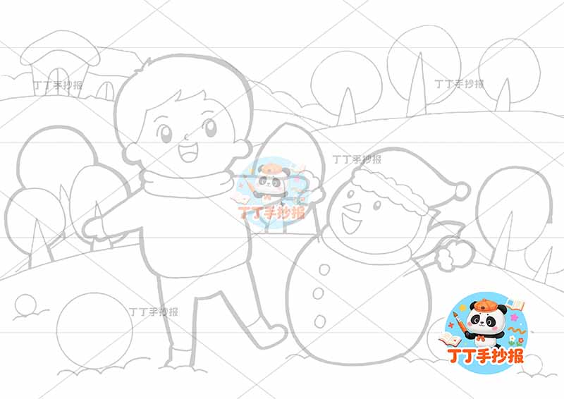 冬天儿童画冬季中间男孩雪人