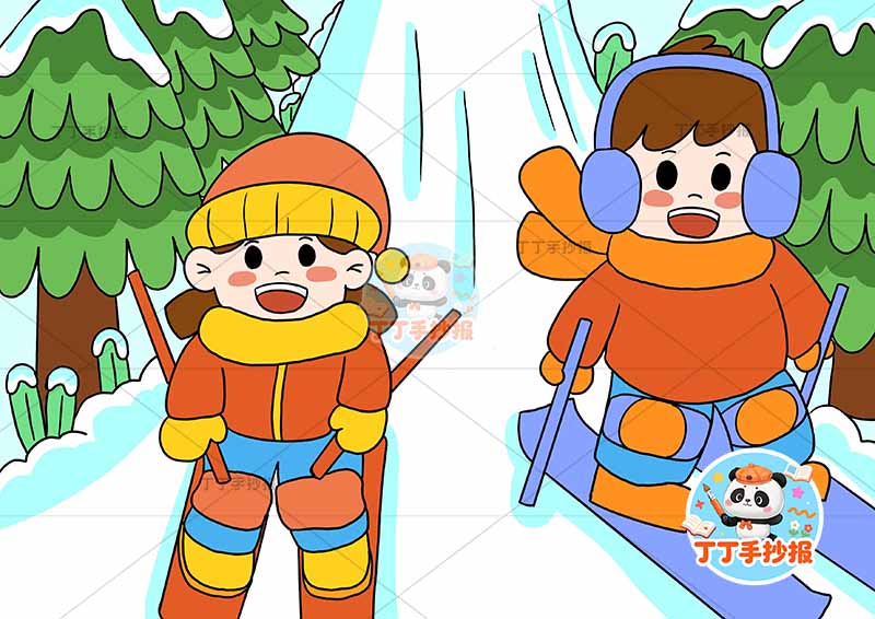 冬天儿童画冬季男女滑雪