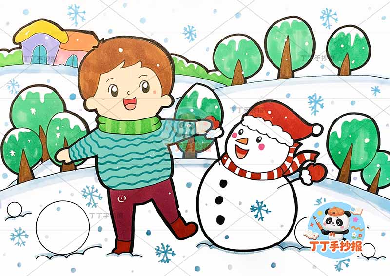 冬天儿童画冬季中间男孩雪人