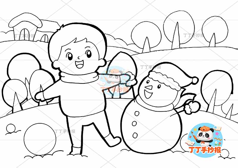 冬天儿童画冬季中间男孩雪人