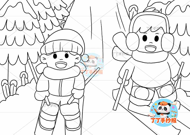 冬天儿童画冬季男女滑雪