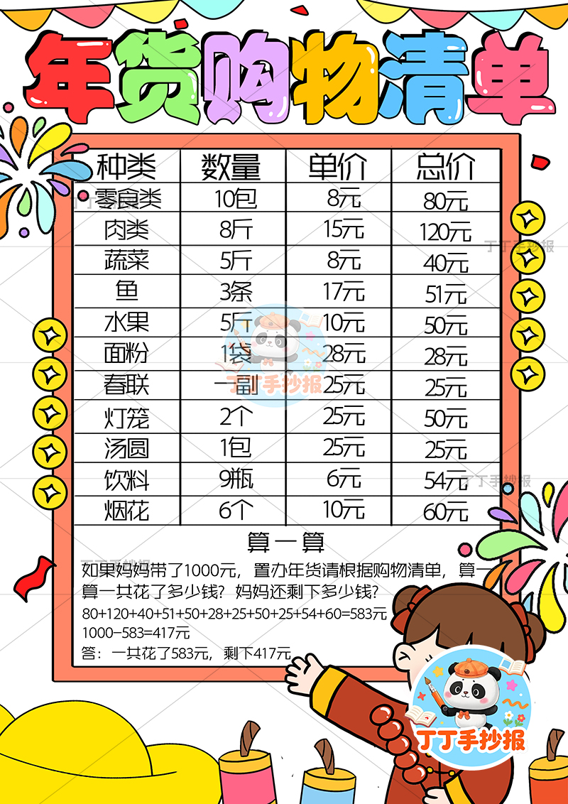 年货购物清单竖版手抄报右下女孩可爱