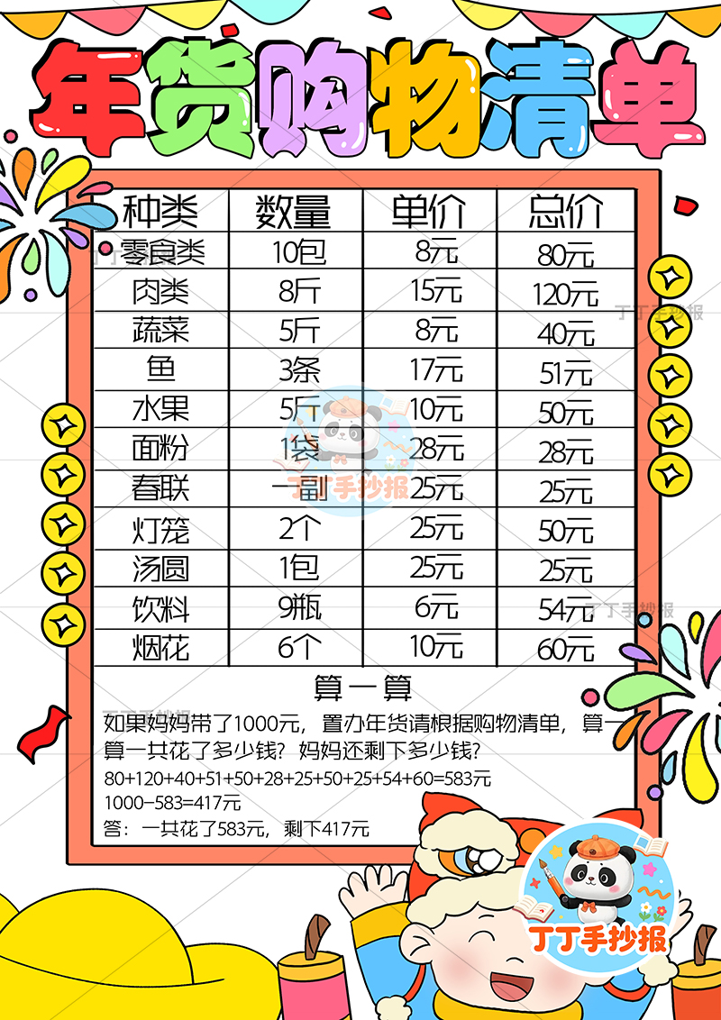 年货购物清单竖版手抄报右下男孩可爱