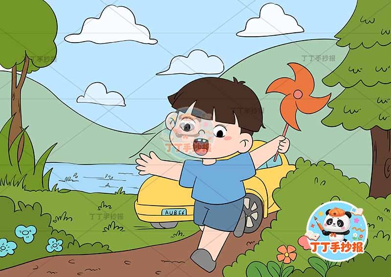 春游儿童画春天踏春男孩风车踏青