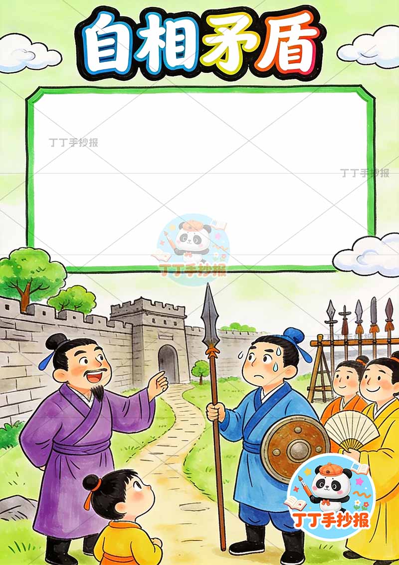 自相矛盾竖版手抄报底部多人中国古代寓言故事成语故事