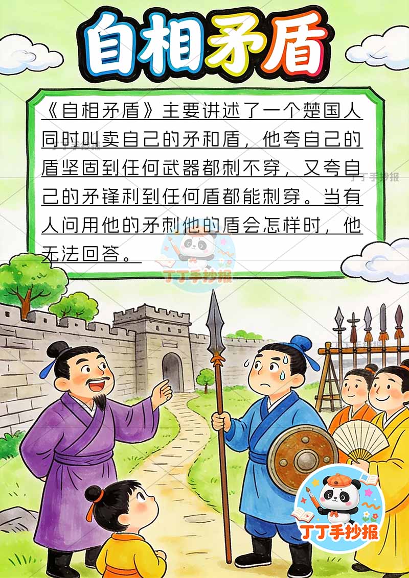 自相矛盾竖版手抄报底部多人中国古代寓言故事成语故事