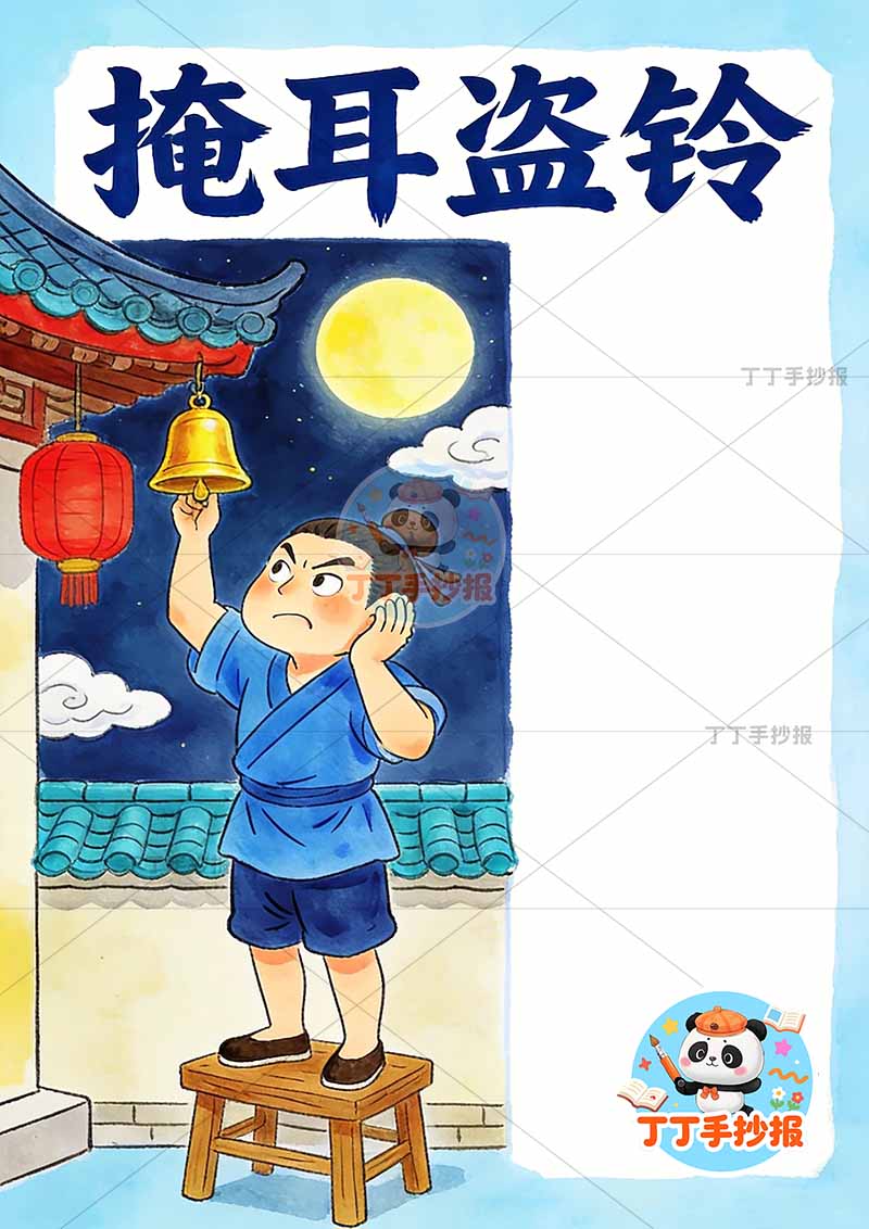 掩耳盗铃竖版手抄报夜晚人中国古代寓言故事成语故事