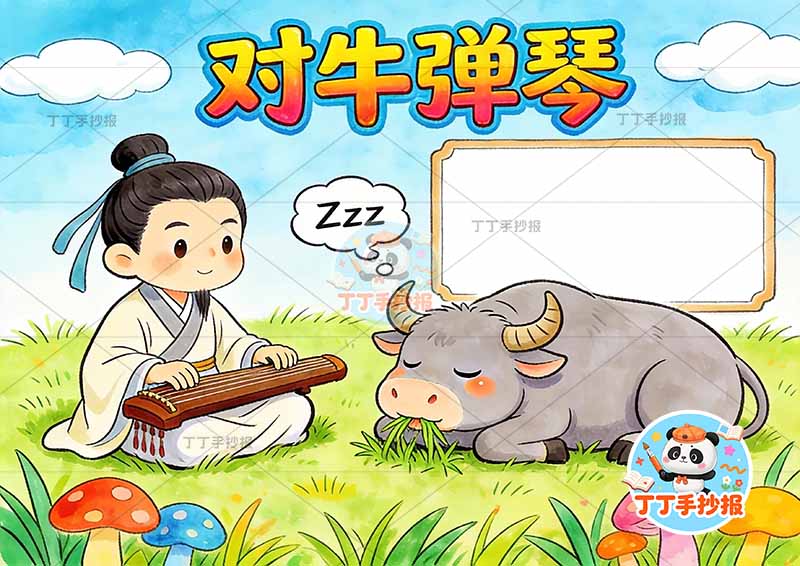 对牛弹琴手抄报底部大片草地中国古代寓言故事成语故事