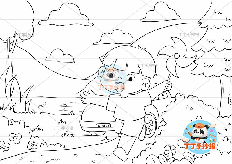 春游儿童画春天踏春男孩风车踏青