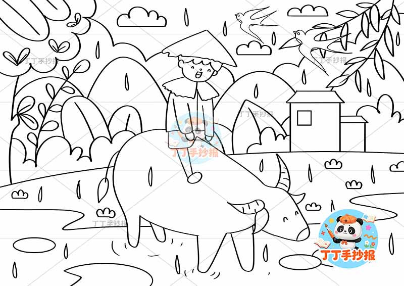 清明儿童画男骑牛雨清明节儿童画