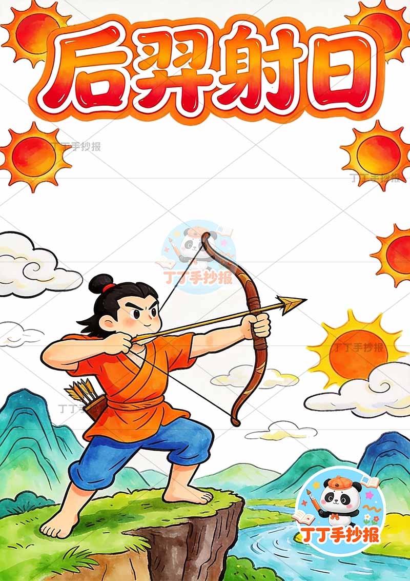 后羿射日竖版手抄报右侧太阳中国古代神话故事