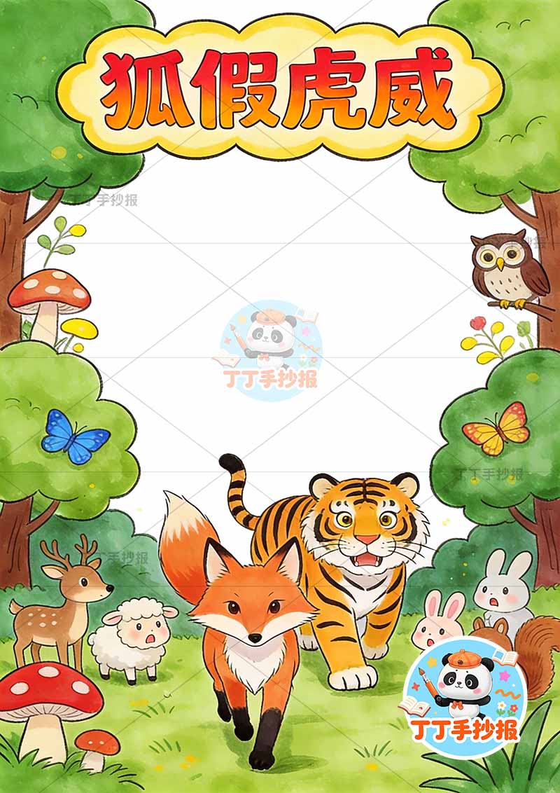 狐假虎威竖版手抄报狐狸在前面中国古代寓言故事成语故事