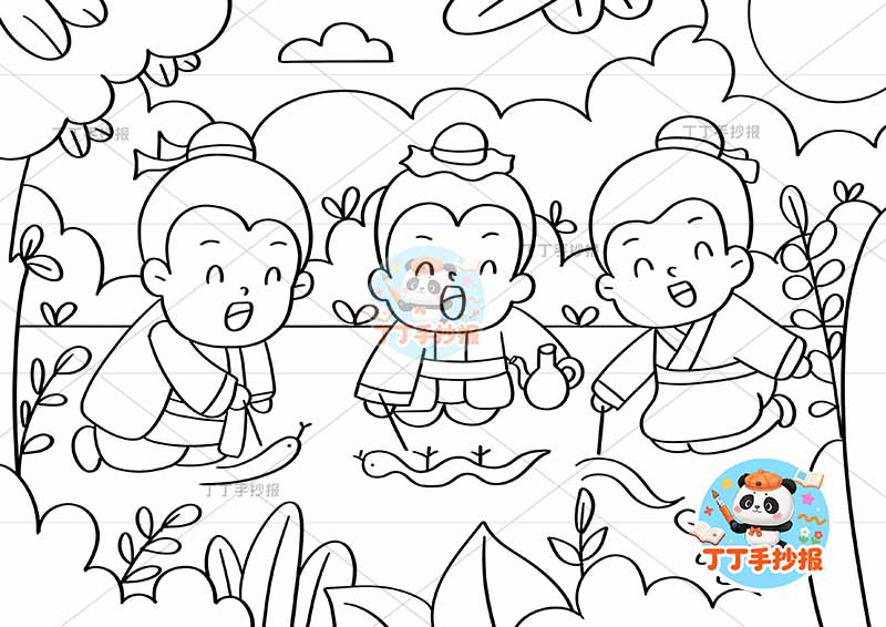 画蛇添足儿童画中间三人画蛇中国古代寓言故事成语故事