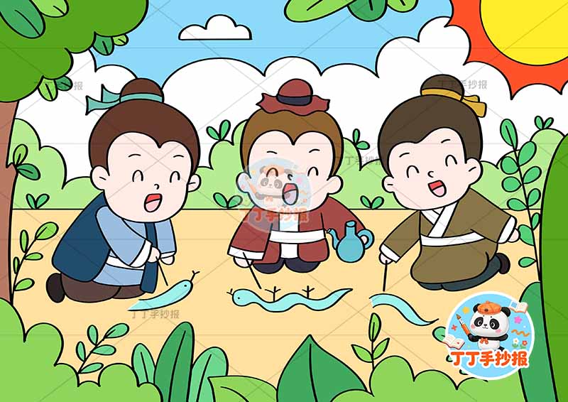 画蛇添足儿童画中间三人画蛇中国古代寓言故事成语故事