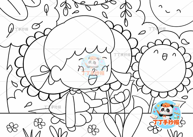 春天儿童画女孩向日葵背景春游踏青踏春