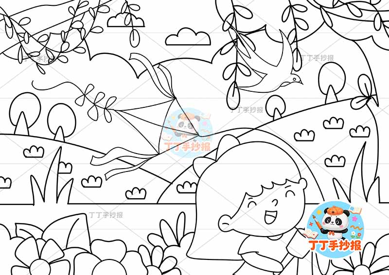 春天儿童画女孩放风筝春游踏青踏春